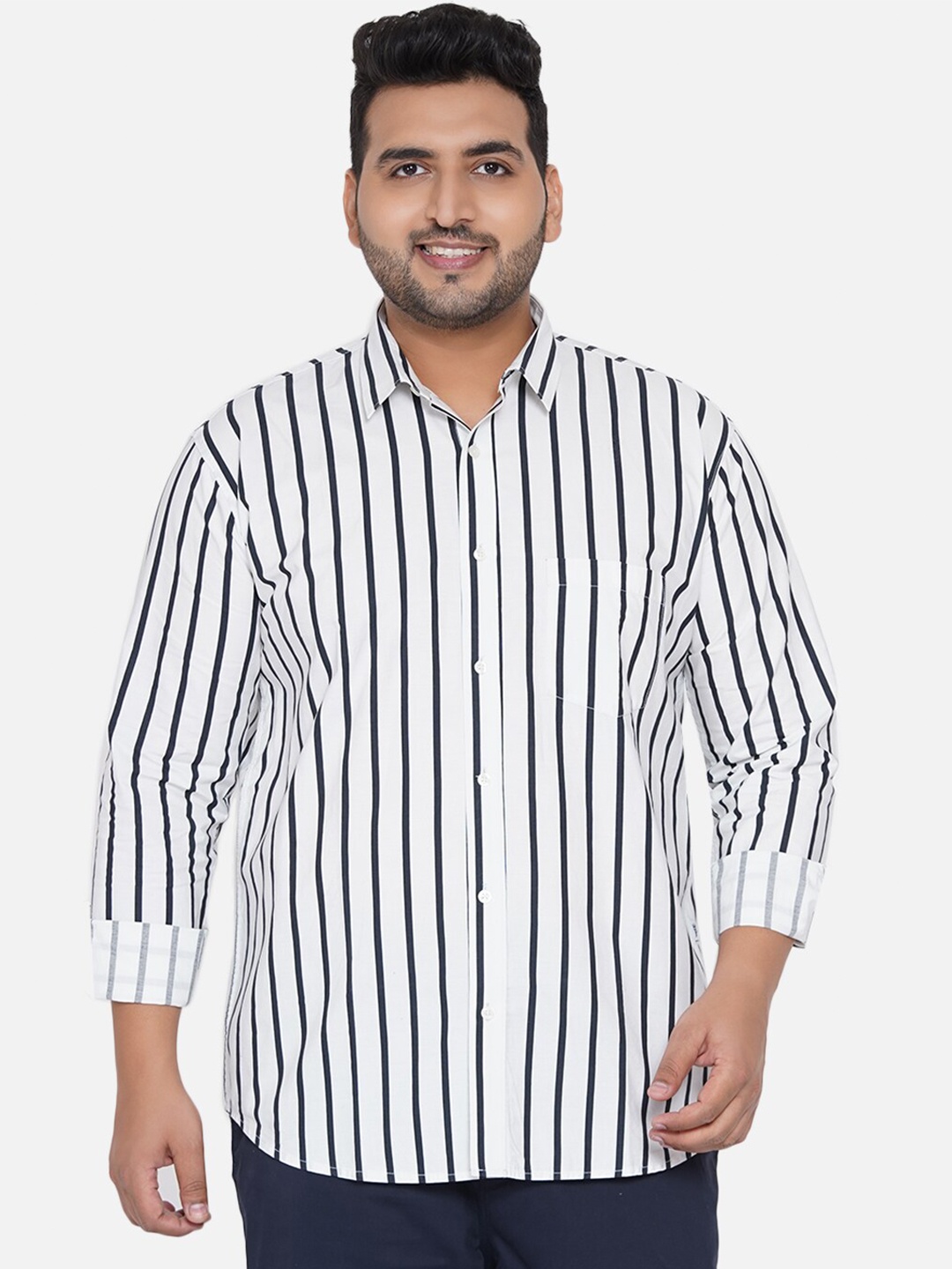 

John Pride Plus Size Striped Long Sleeves Cotton Casual Shirt, White