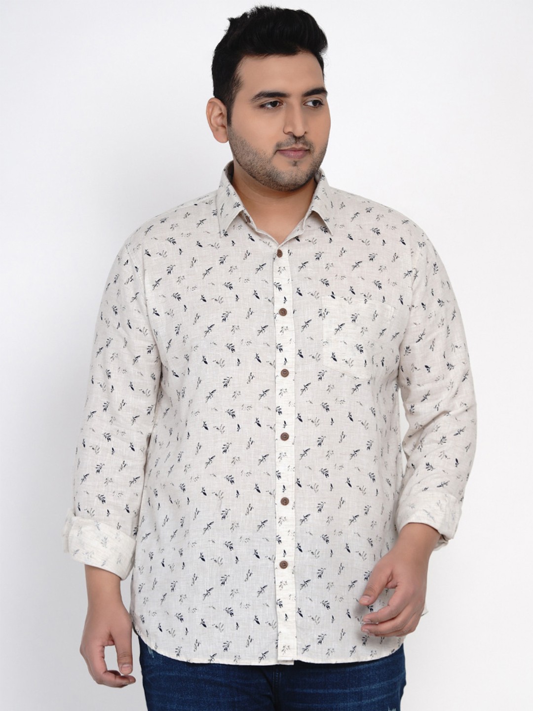 

John Pride Plus Size Conversational Printed Long Sleeves Cotton Casual Shirt, Off white