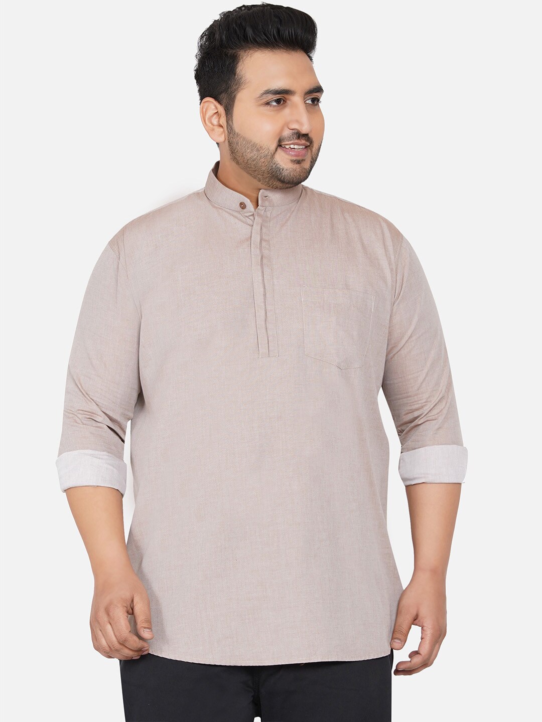 

John Pride Plus Size Mandarin Collar Cotton Casual Shirt, Beige