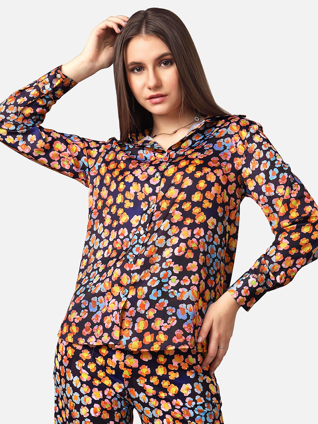 

NEOFAA Floral Printed Spread Collar Long Sleeves Casual Shirt, Black
