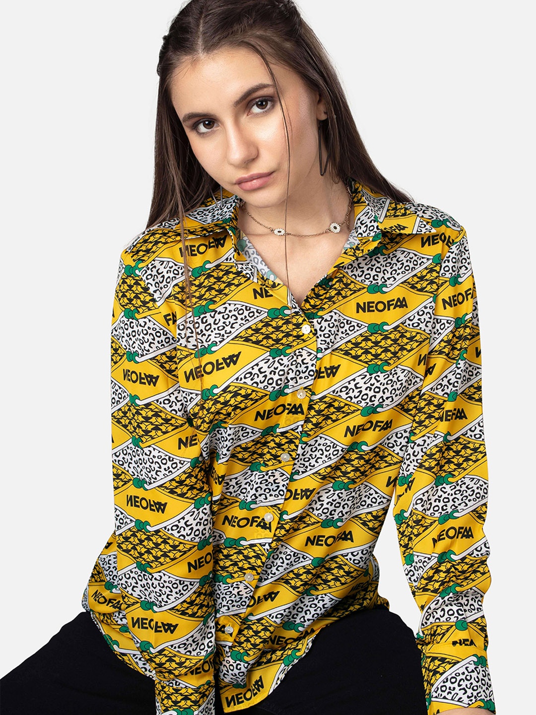 

NEOFAA Women Printed Emblem Opaque Satin Casual Shirt, Yellow
