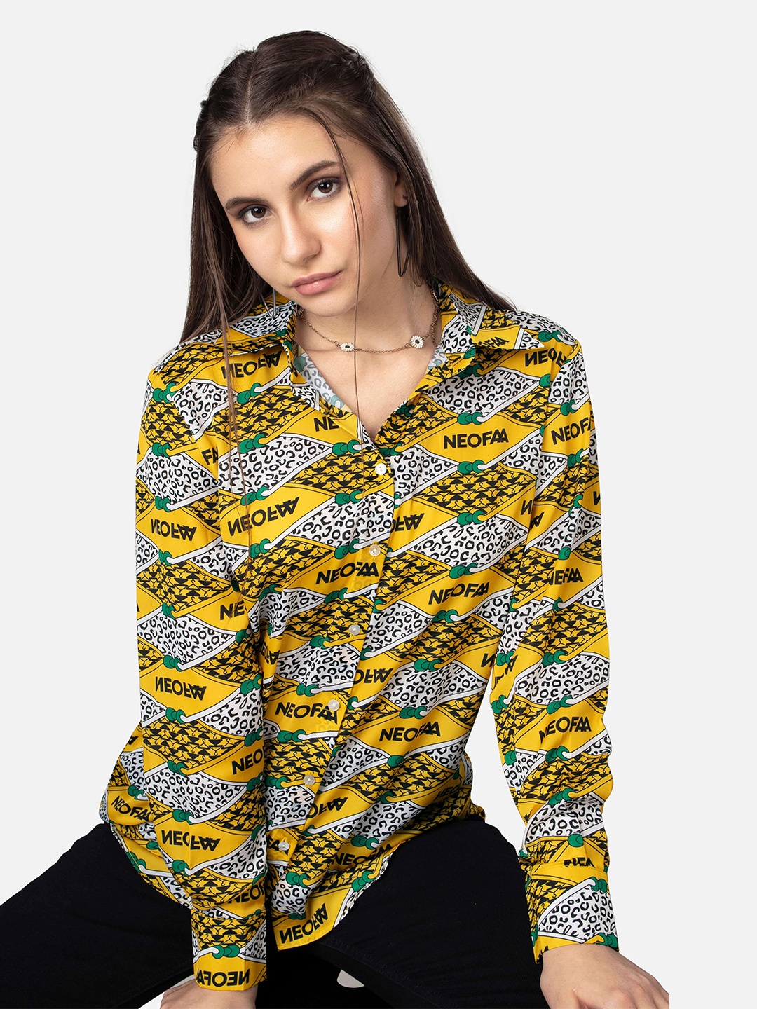 

NEOFAA Abstract Printed Casual Satin Shirt, Yellow