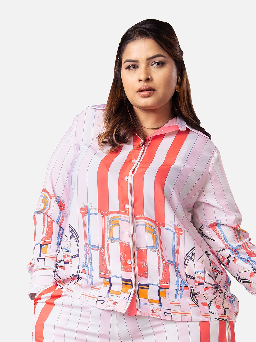 

NEOFAA Plus Size Striped Satin Voguish Casual Shirt, Pink