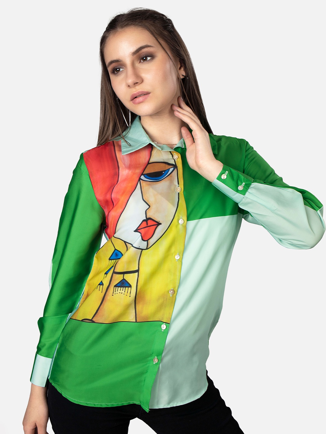 

NEOFAA Women Graphic Printed Satin Casual Shirt, Green