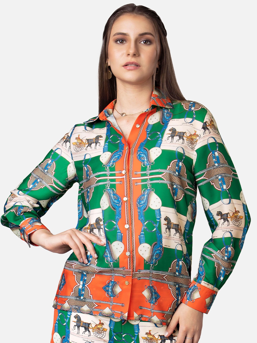 

NEOFAA Ethnic Printed Opaque Casual Shirt, Green