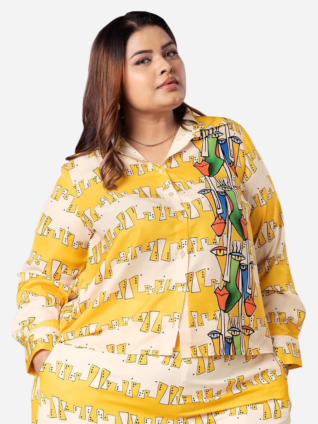 

NEOFAA Abstract Printed Spread Collar Casual Shirt, Yellow