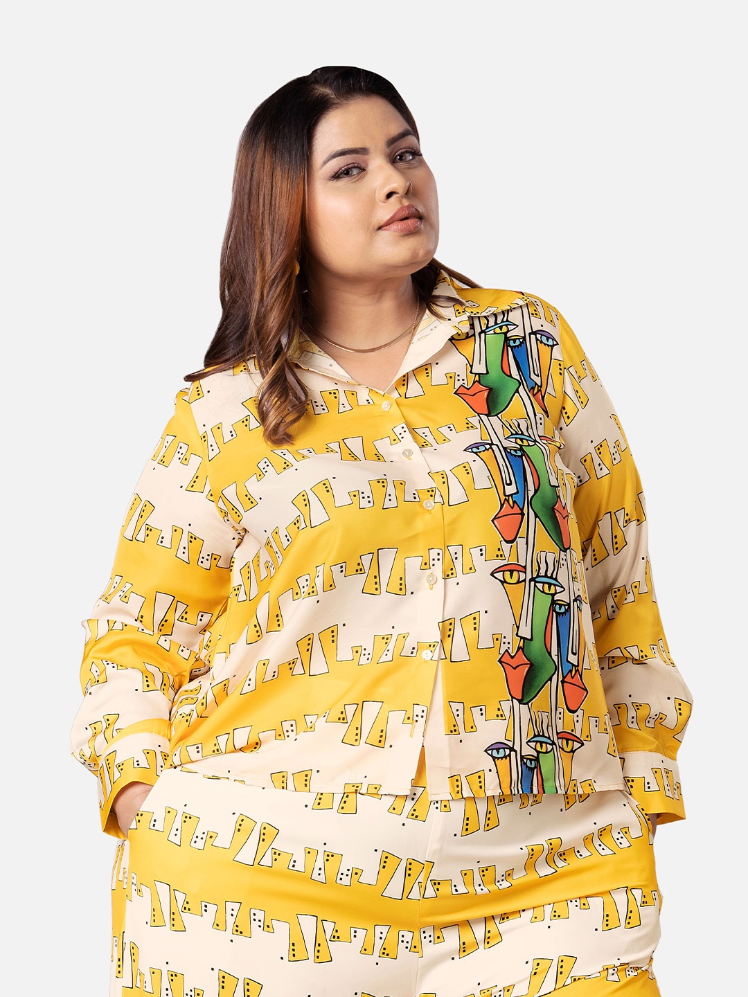 

NEOFAA Plus Size Graphic Printed Opaque Casual Shirt, Yellow