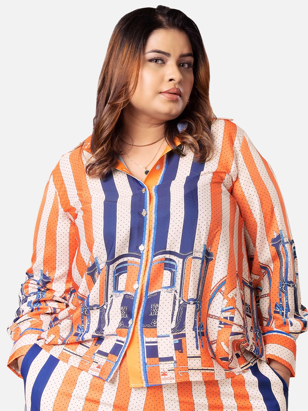 

NEOFAA Plus Size Striped Spread Collar Casual Shirt, Orange