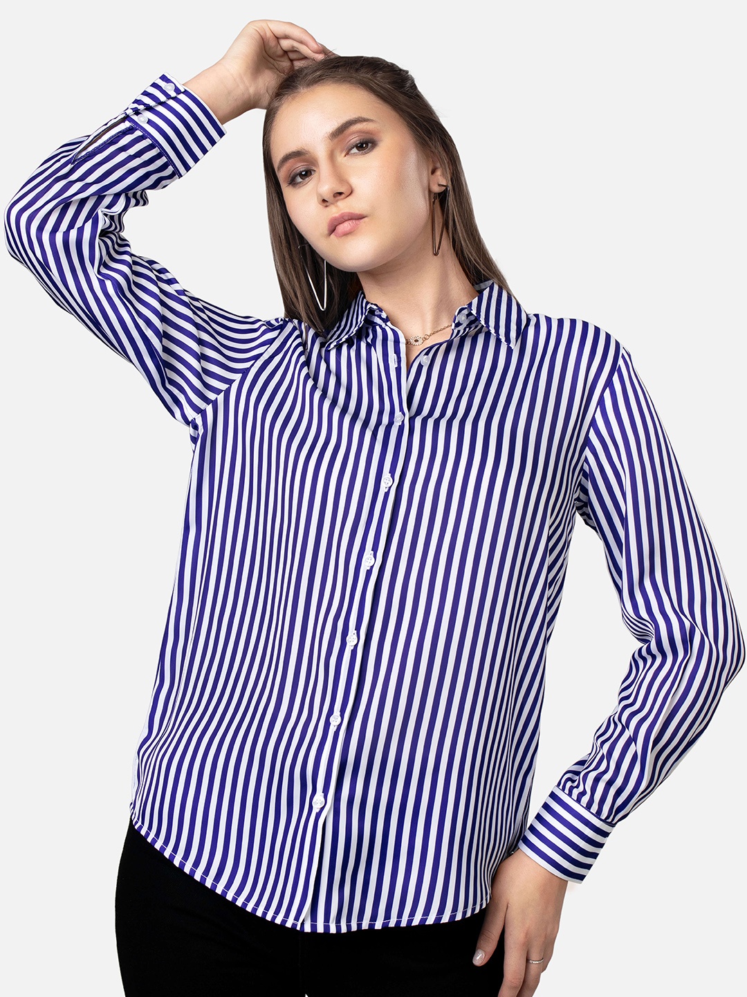 

NEOFAA Vertical Striped Spread Collar Casual Shirt, Blue