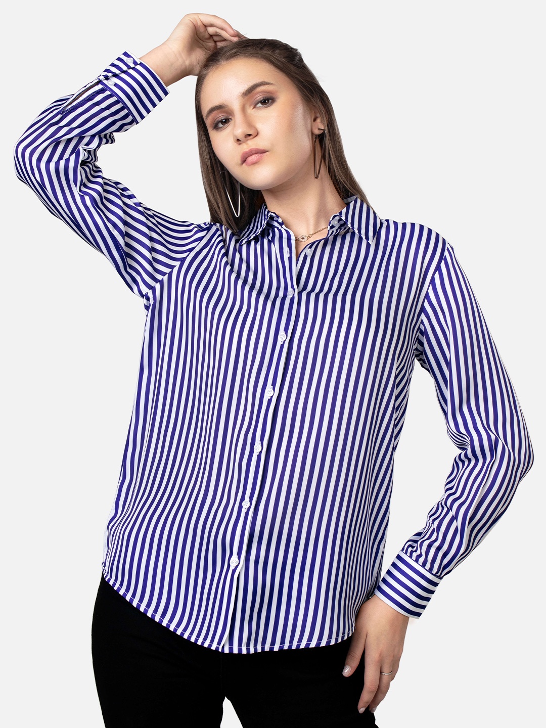 

NEOFAA Nautical Vertical Striped Spread Collar Casual Shirt, Blue