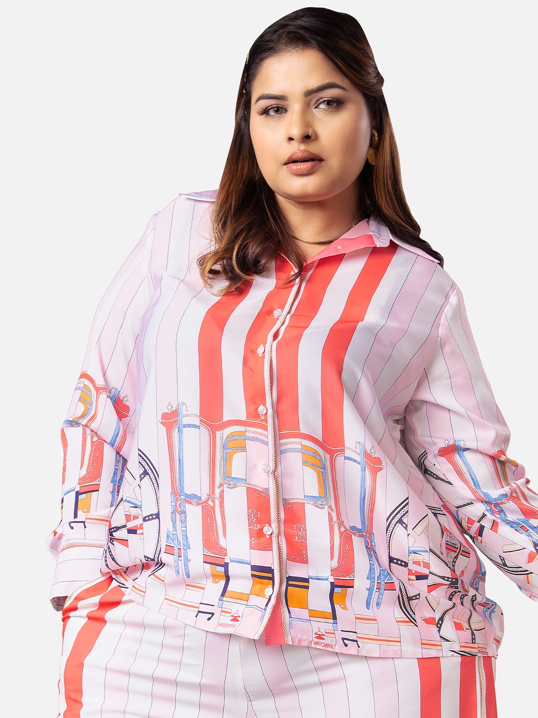 

NEOFAA Plus Size Vertical Striped Printed Casual Shirt, Pink