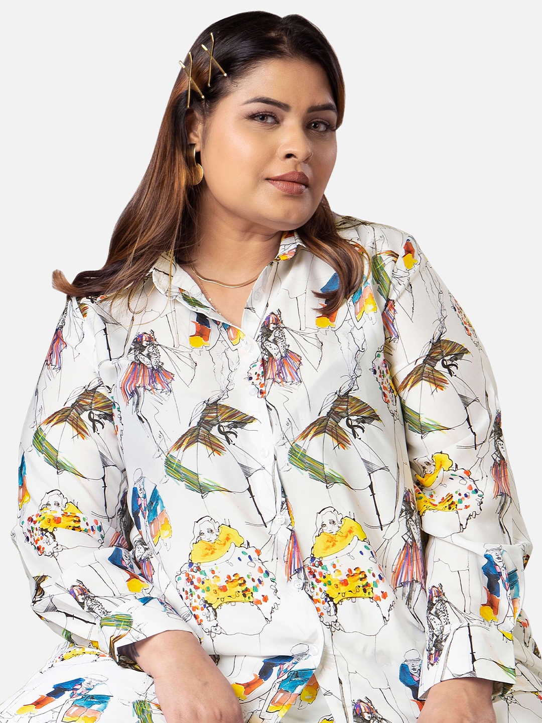 

NEOFAA Plus Size Graphic Printed Spread Collar Casual Shirt, White