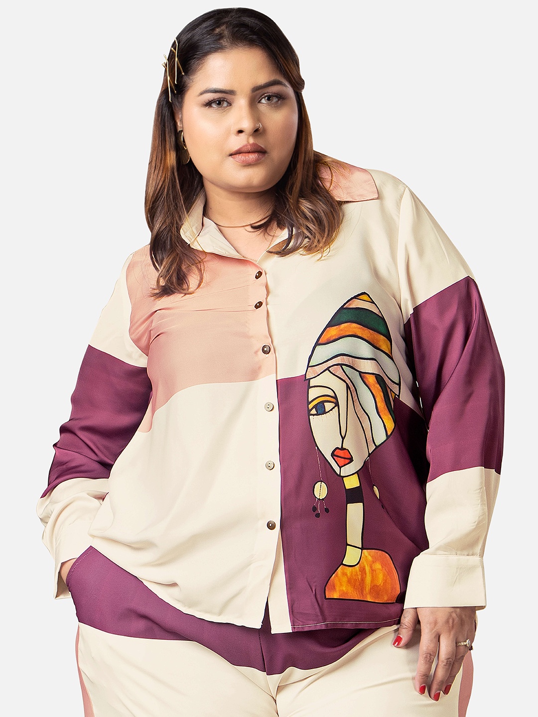 

NEOFAA Plus Size Colourblock Printed Casual Shirt, Maroon