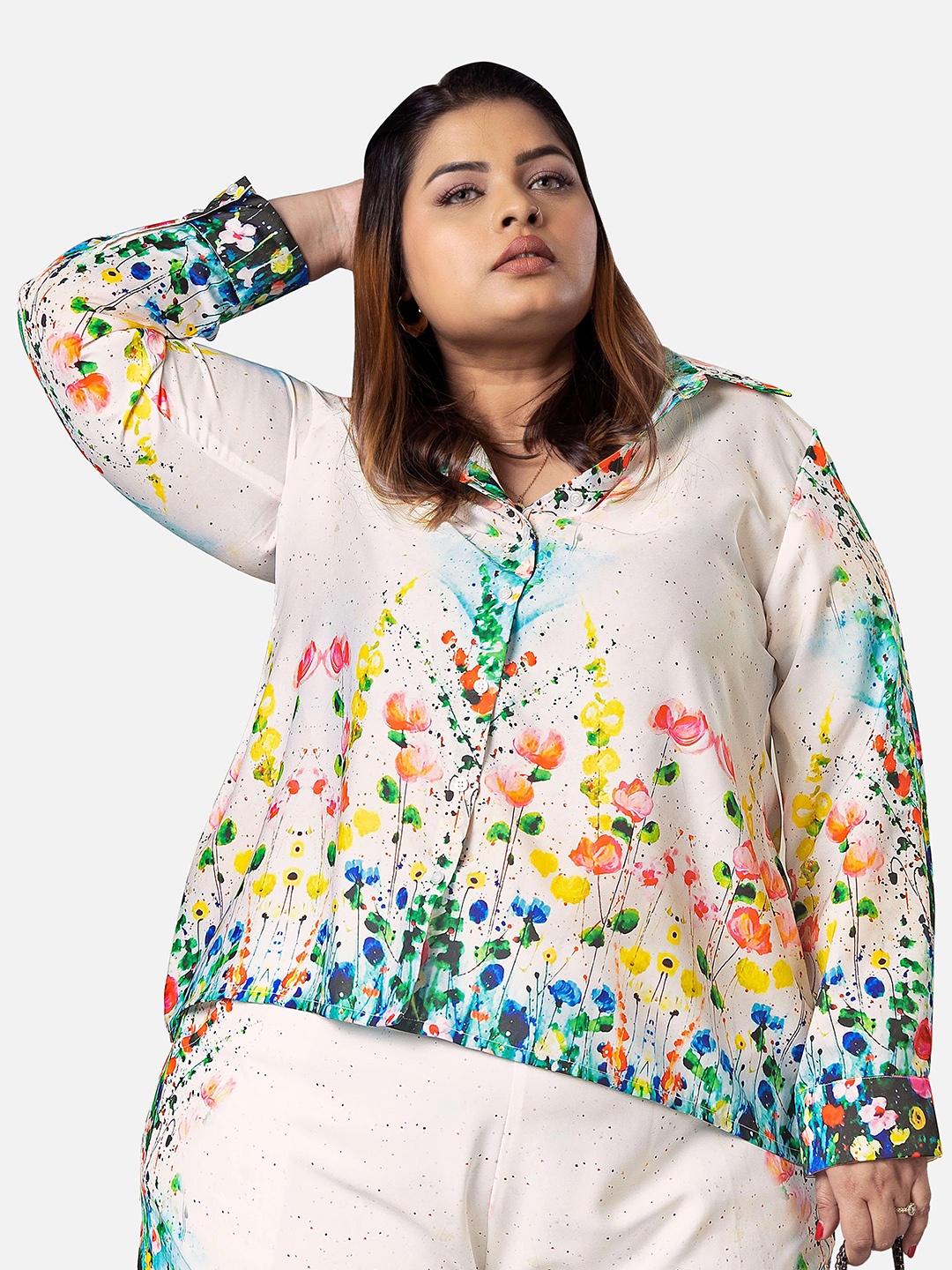 

NEOFAA Plus Size Floral Printed Spread Collar Casual Shirt, White