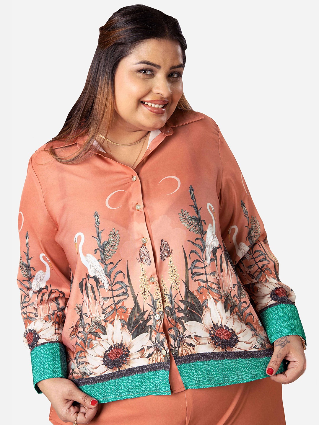 

NEOFAA Plus Size Floral Printed Spread Collar Casual Shirt, Orange