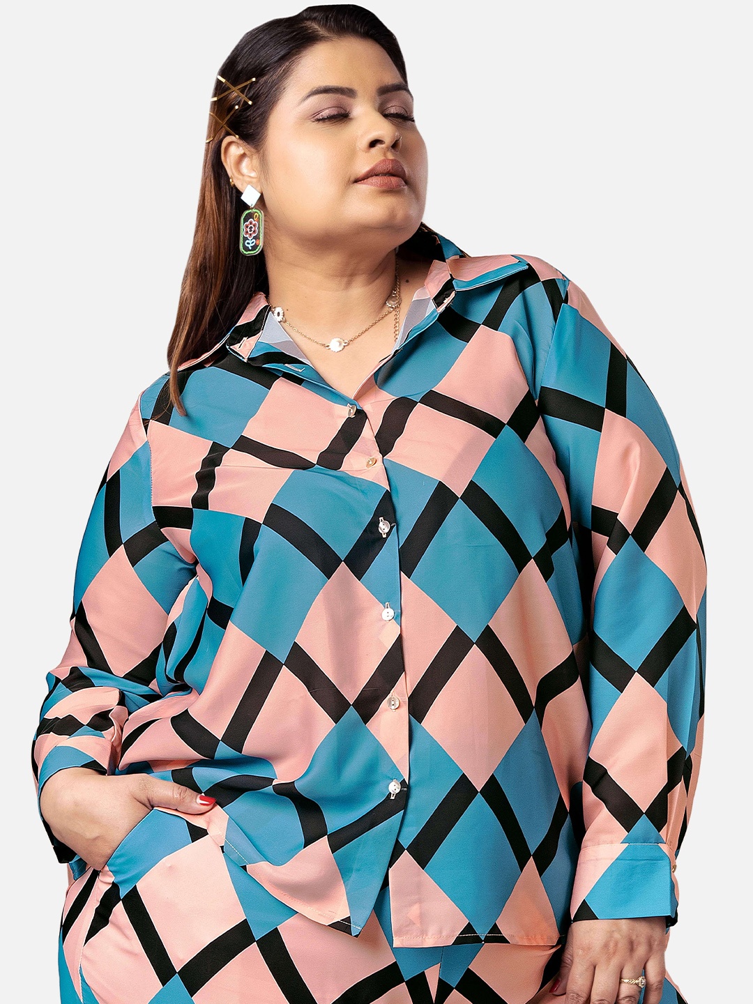 

NEOFAA Plus Size Geometric Printed Spread Collar Shirt, Peach