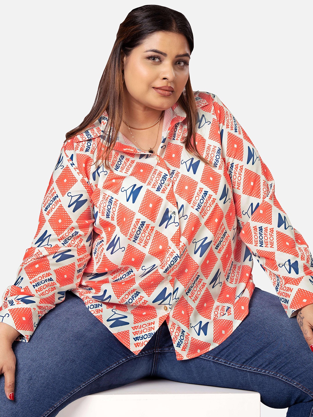

NEOFAA Plus Size Geometric Printed Spread Collar Casual Shirt, White