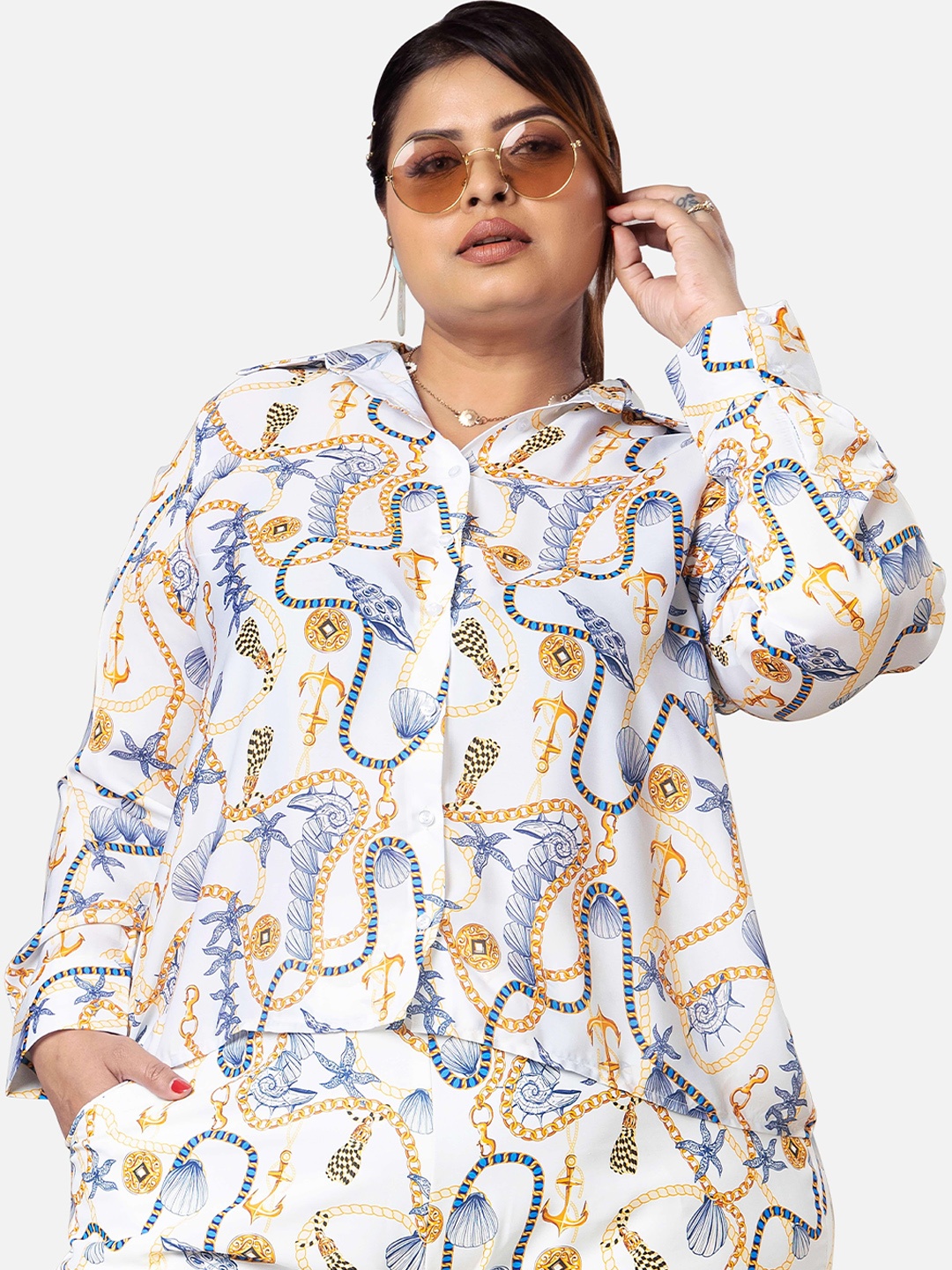 

NEOFAA Graphic Printed Spread Collar Casual Shirt, White