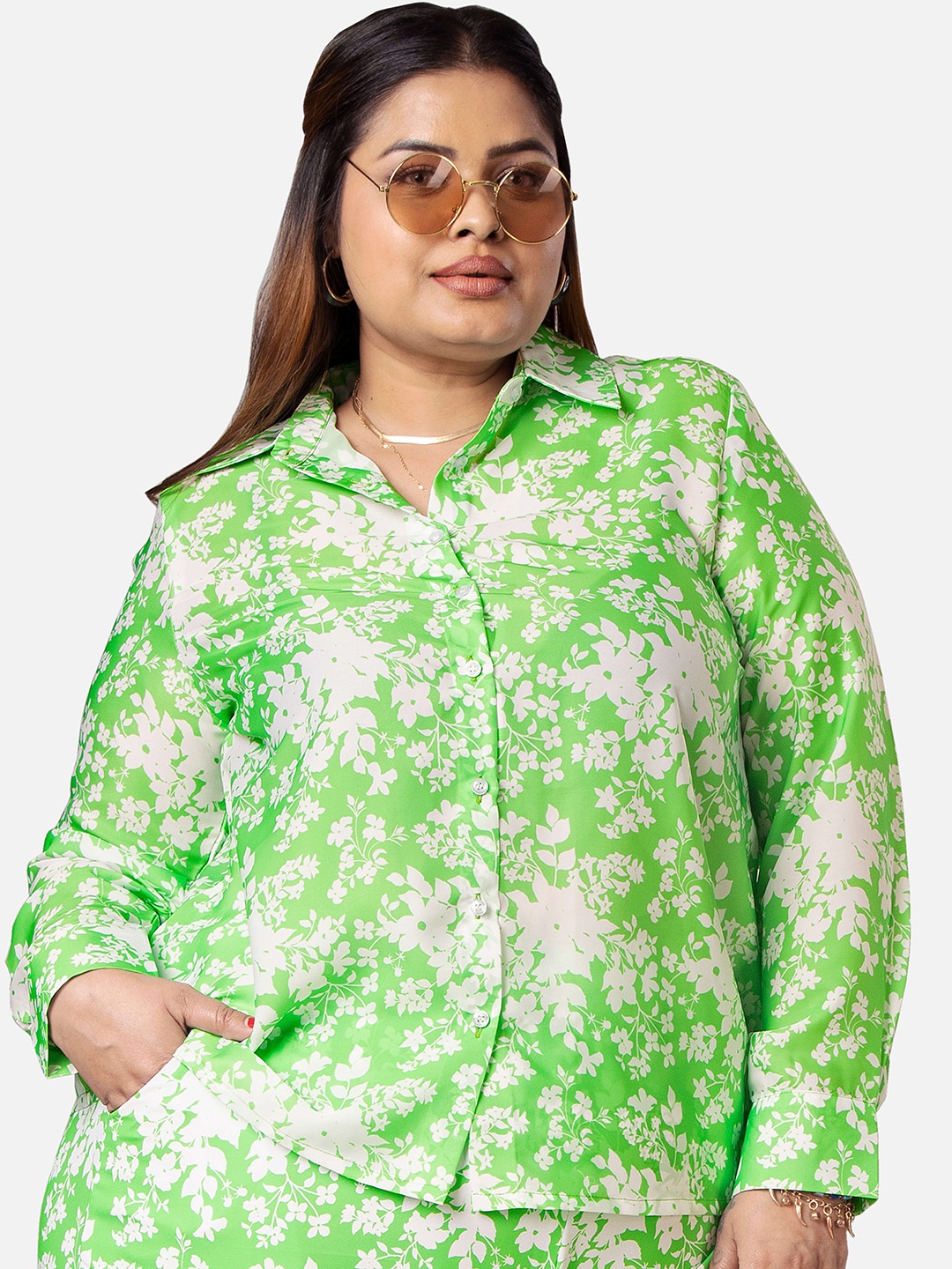 

NEOFAA Plus Size Floral Printed Casual Shirt, Green