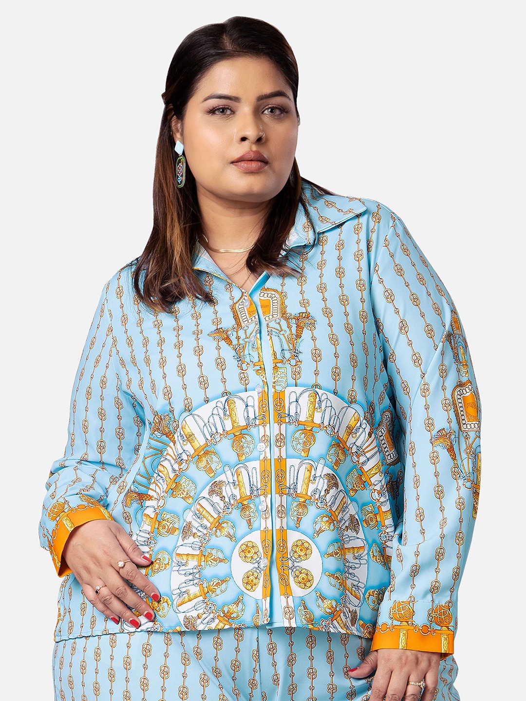 

NEOFAA Plus Size Ethnic Printed Spread Collar Casual Shirt, Blue