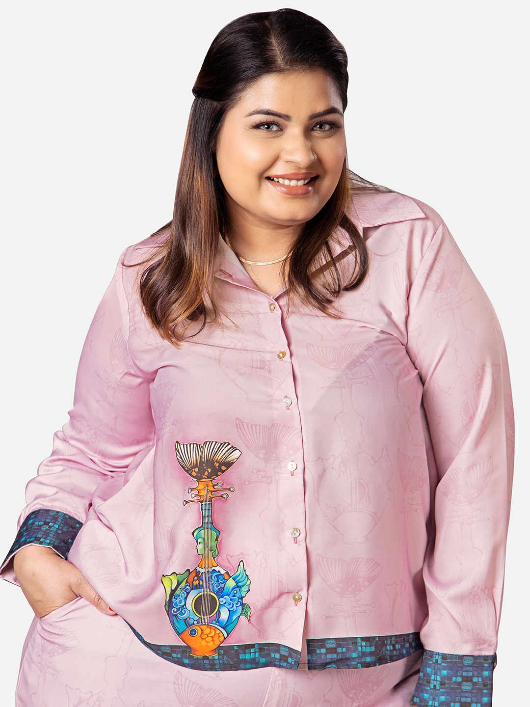 

NEOFAA Plus Size Abstract Printed Opaque Casual Shirt, Pink