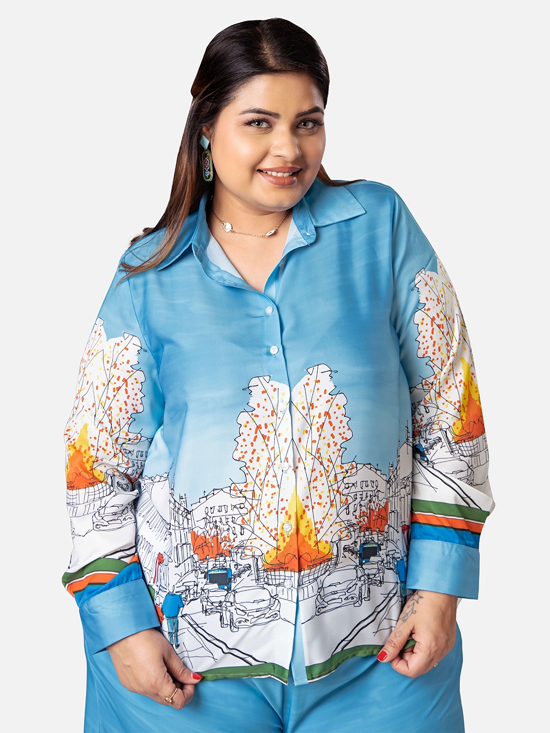 

NEOFAA Plus Size Graphic Printed Spread Collar Shirt, Blue