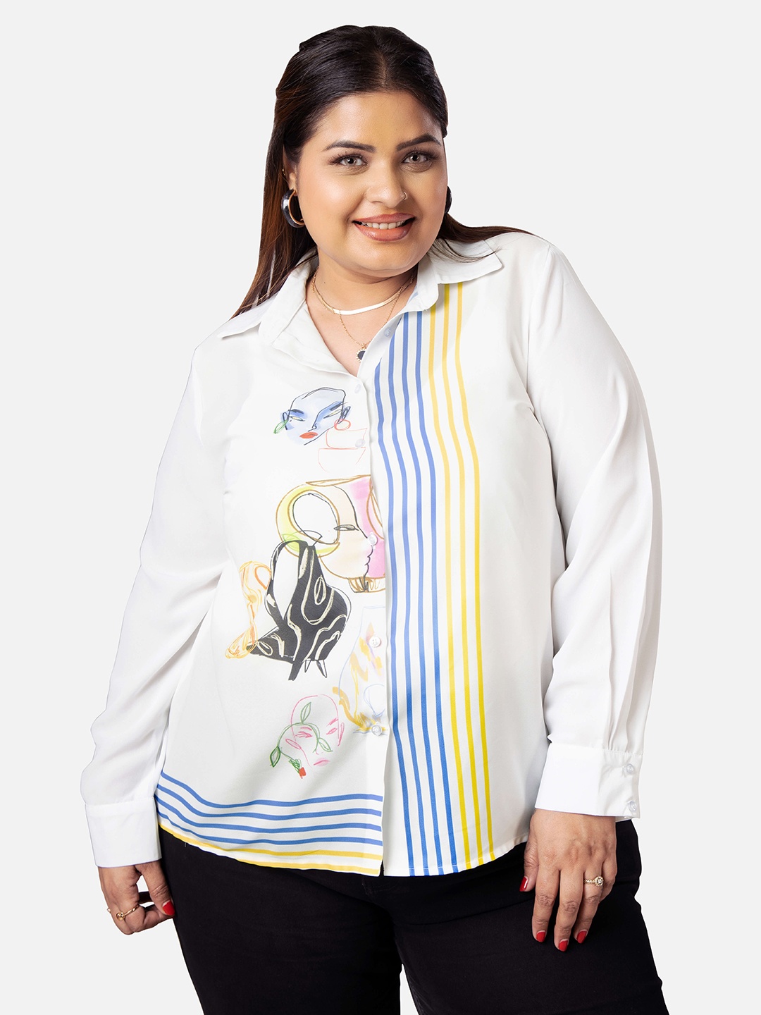 

NEOFAA Abstract Printed Casual Satin Shirt, White