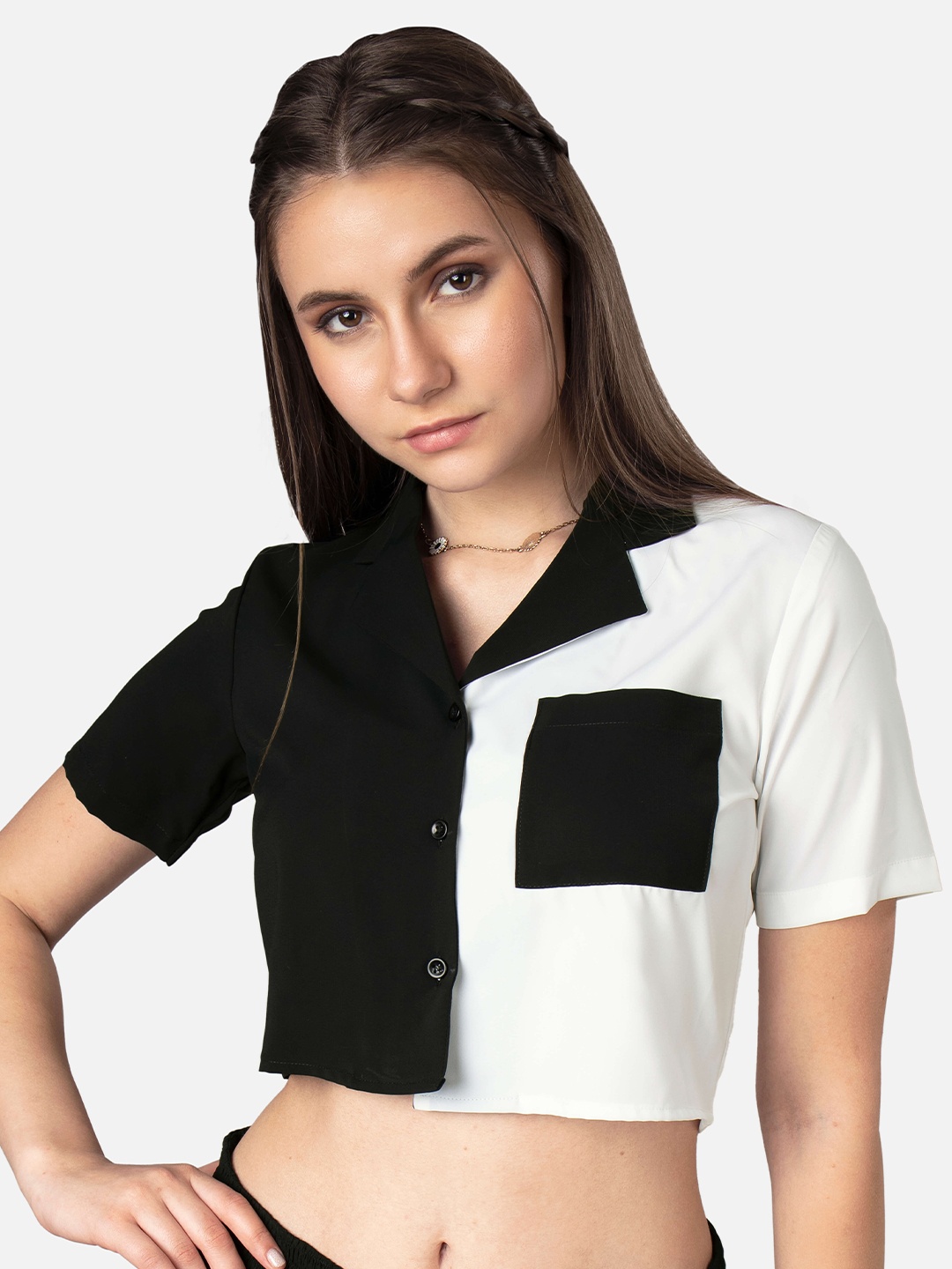 

NEOFAA Colourblocked Opaque Casual Cropped Shirt, Black