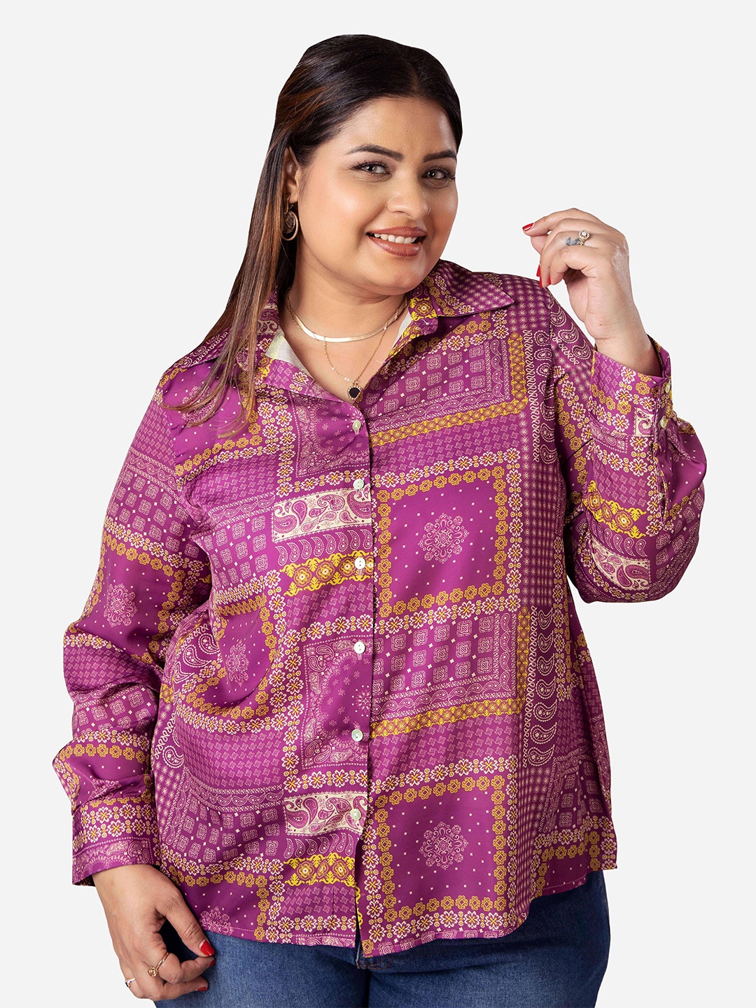 

NEOFAA Plus Size Ethnic Printed Spread Collar Shirt, Pink