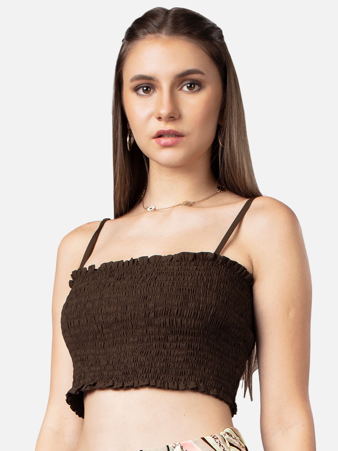 

NEOFAA Shoulder Strap Fitted Crop Top, Brown