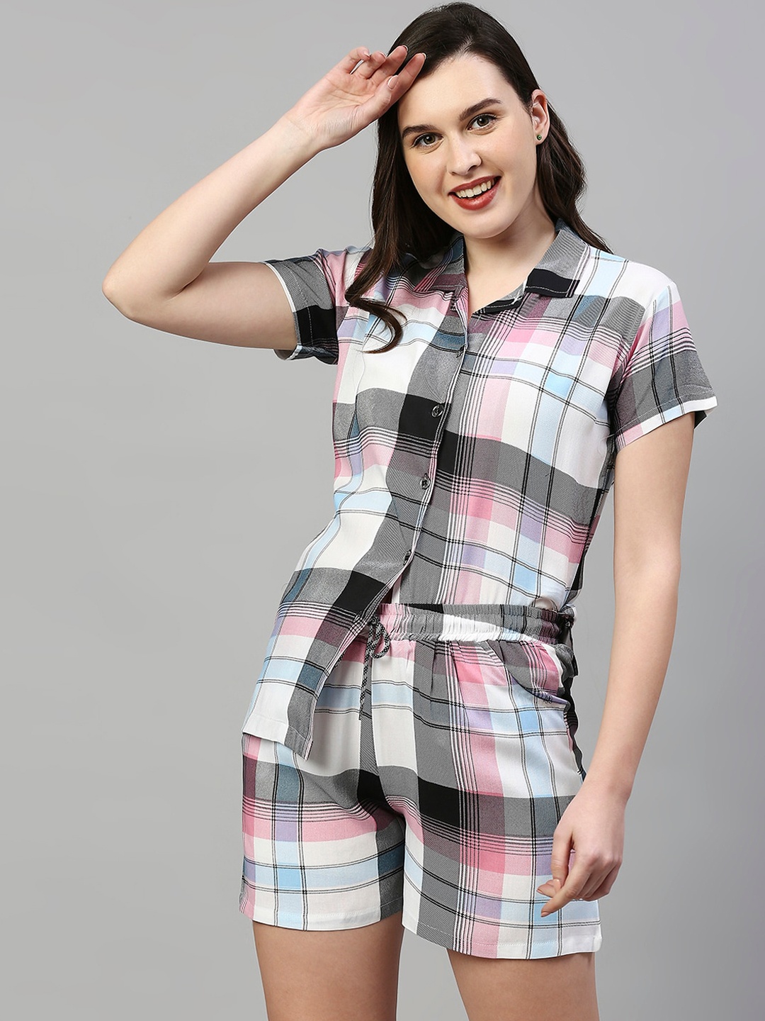 

Pretty Awesome Checked Shirt Collar Night Suit, Pink