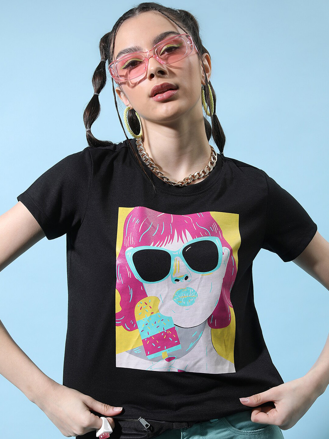 

Tokyo Talkies Graphic Printed Knitted Crop T-Shirt, Black