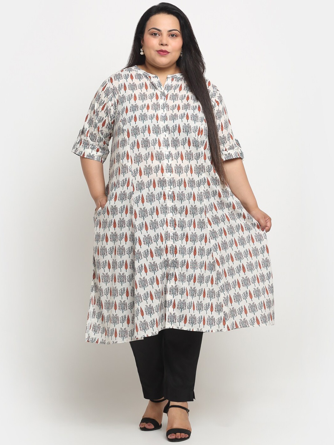 

sindrellastorie Plus Size Floral Printed Band Collar Roll Up Sleeves Pure Cotton Kurta, Off white