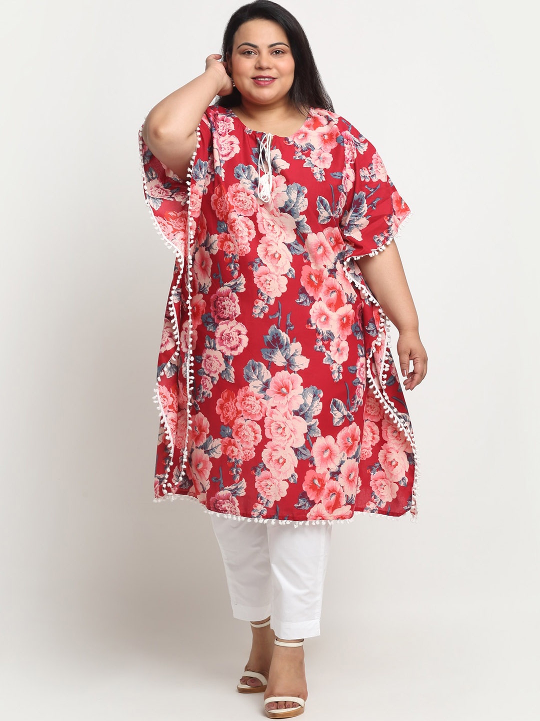 sindrellastorie Floral Printed Tie Up Neck Flared Sleeves Kaftan Kurta, Red