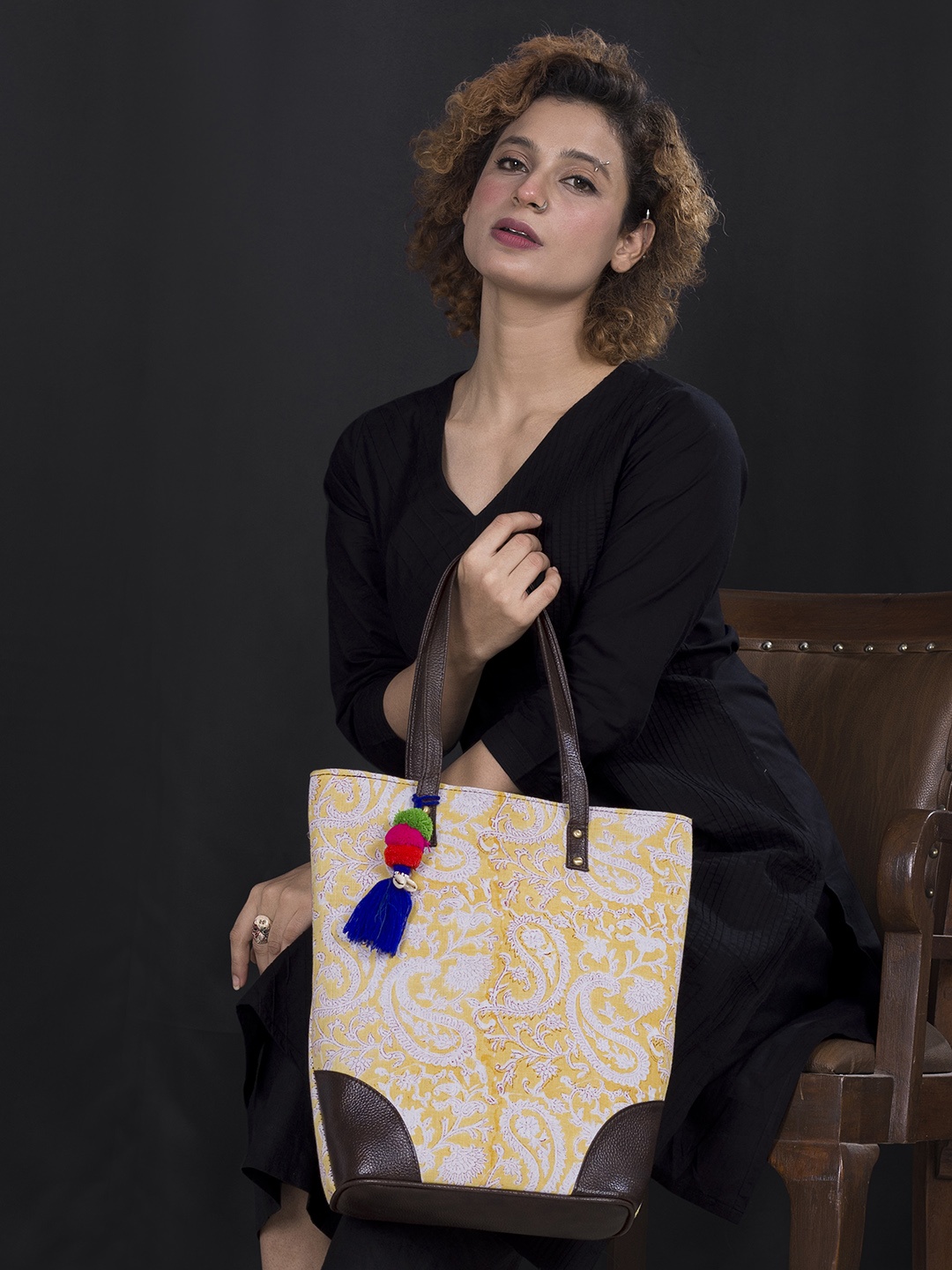 

NEPRI Ethnic Motifs Printed Shopper Tote Bag With Tasselled, Yellow