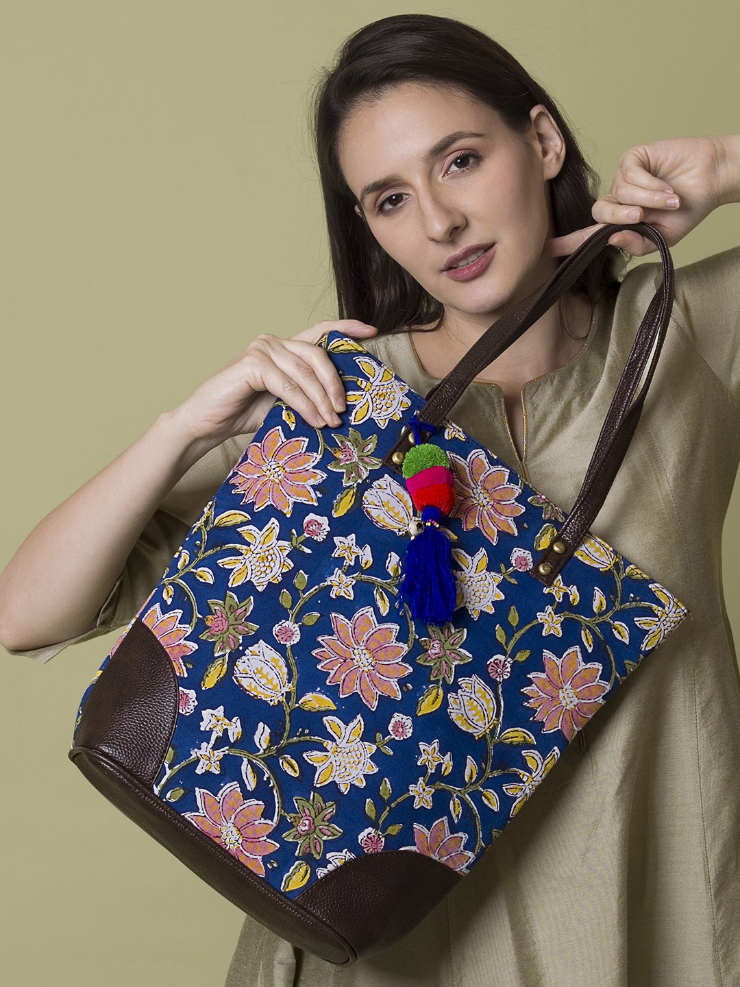 

NEPRI Floral Printed Shopper Tote Bag With Tasselled, Blue
