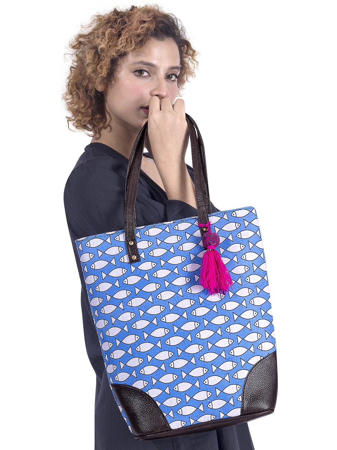 

NEPRI Graphic Printed Shopper Tote Bag With Tasselled, Blue
