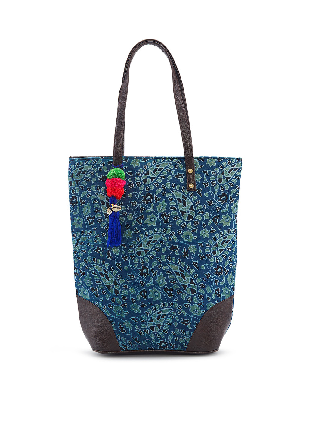 

NEPRI Ethnic Motifs Printed Shopper Tote Bag With Tasselled, Blue