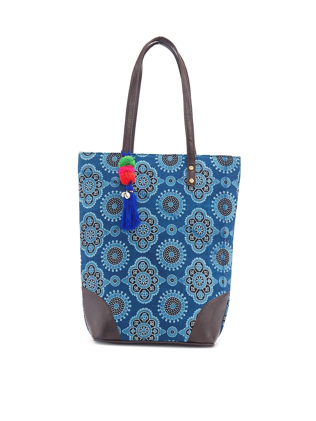 NEPRI Ethnic Motifs Printed Shopper Tote Bag With Tasselled, Blue