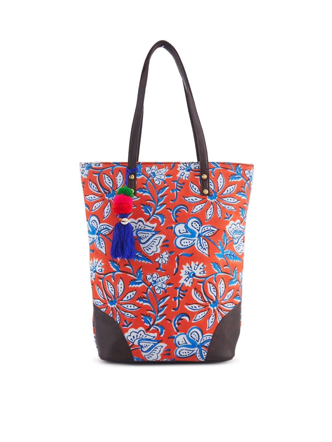 

NEPRI Floral Printed Shopper Tote Bag With Tasselled, Orange