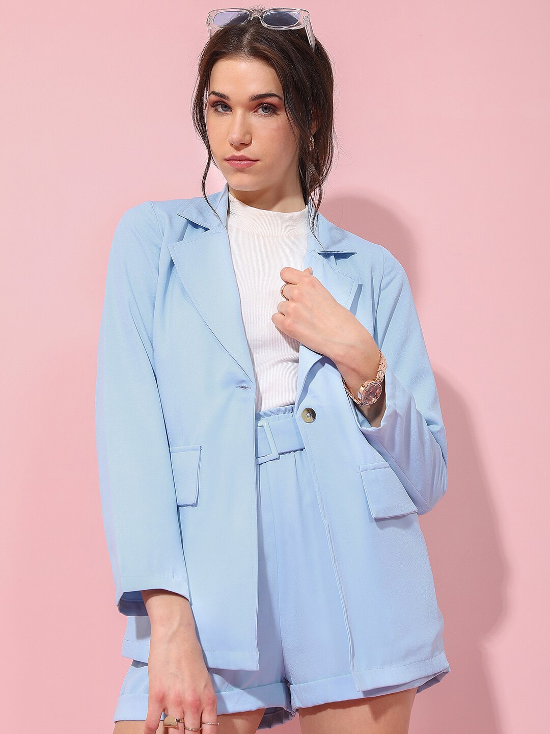 

Tokyo Talkies Single-Breasted Blazer With Matching Belted Shorts Co-Ords, Blue