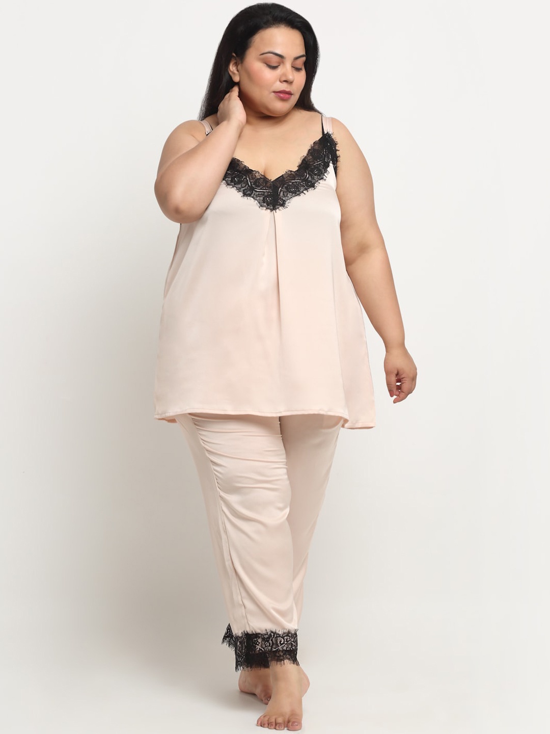 

sindrellastorie Plus Size V Neck Satin Night Suit, Champagne