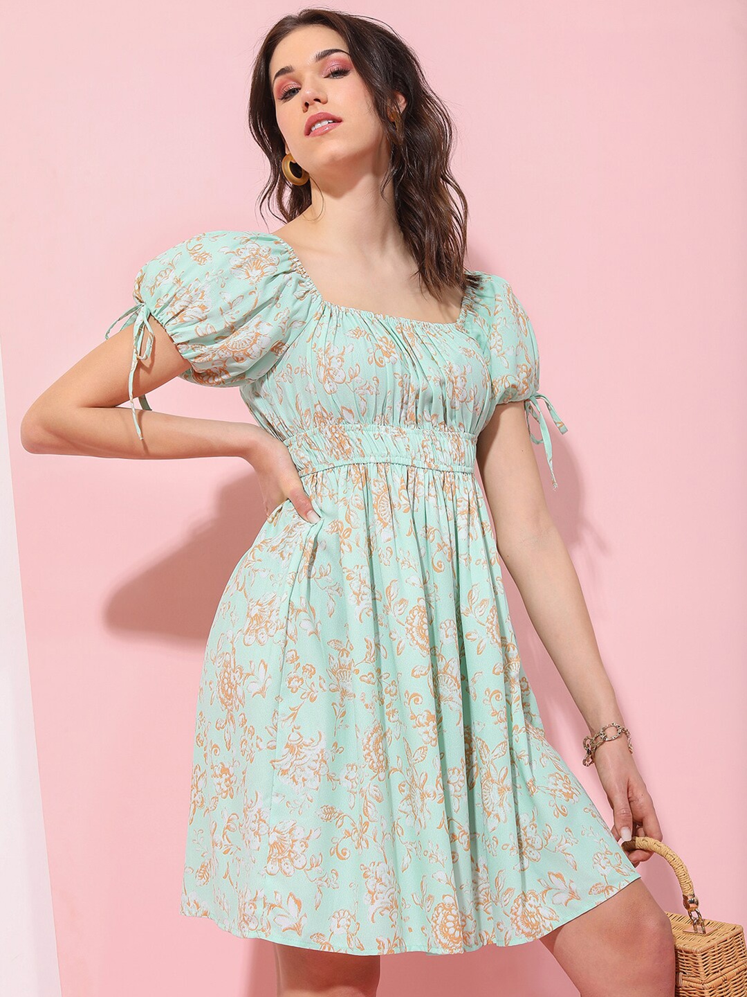 

Tokyo Talkies Floral Print Puff Sleeve Fit & Flare Dress, Green
