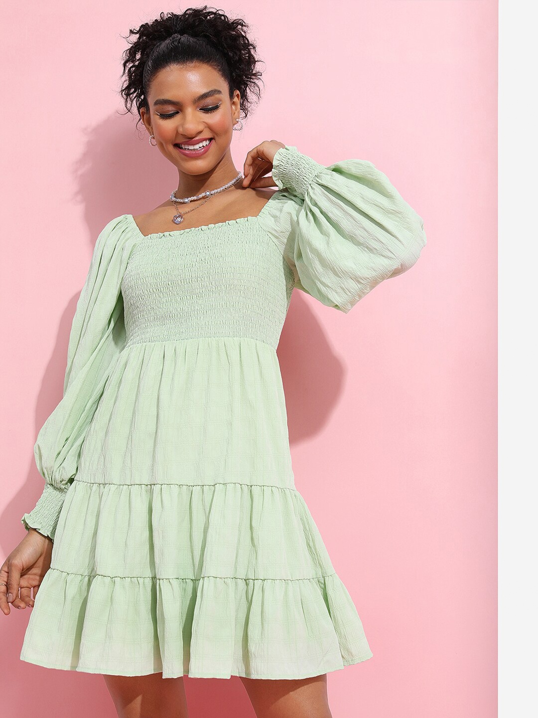 

Tokyo Talkies Smocked Puff Sleeve Tiered Fit & Flare Dress, Green