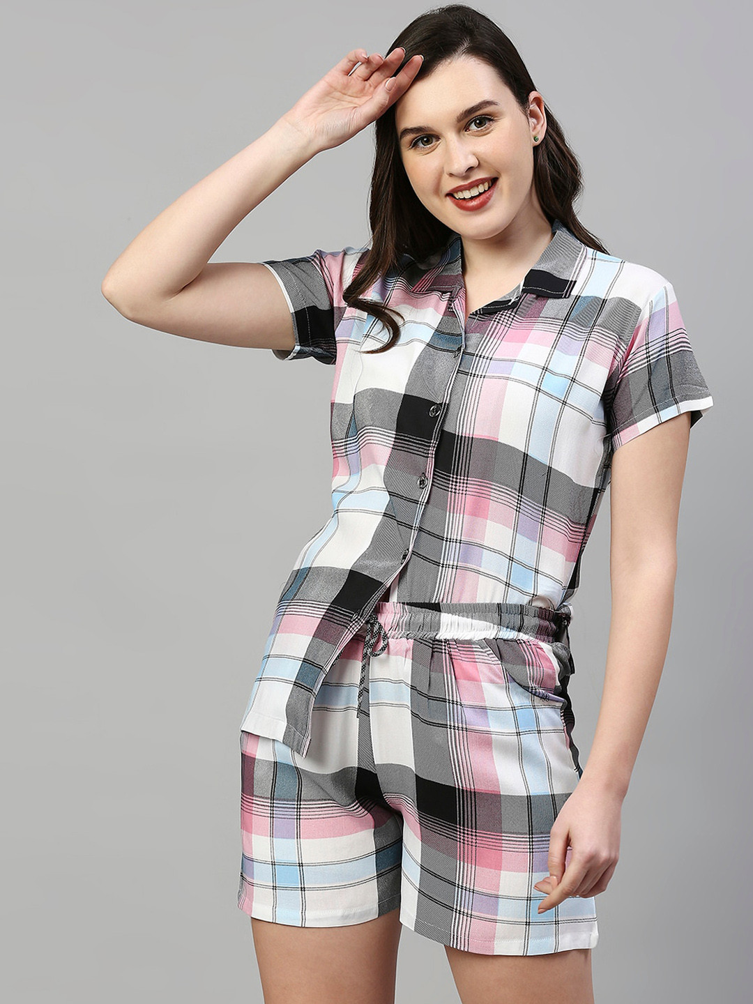 

Pretty Awesome Checked Shirt Collar Night Suit, Navy blue