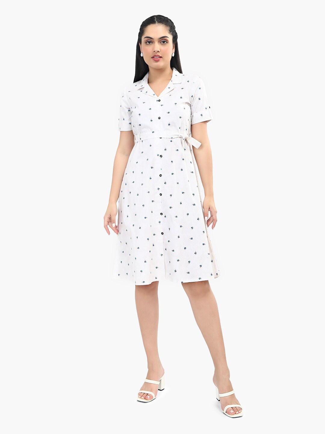 

Sangria Polka Dot-Printed Pure-Cotton Fit & Flared Dress, Off white