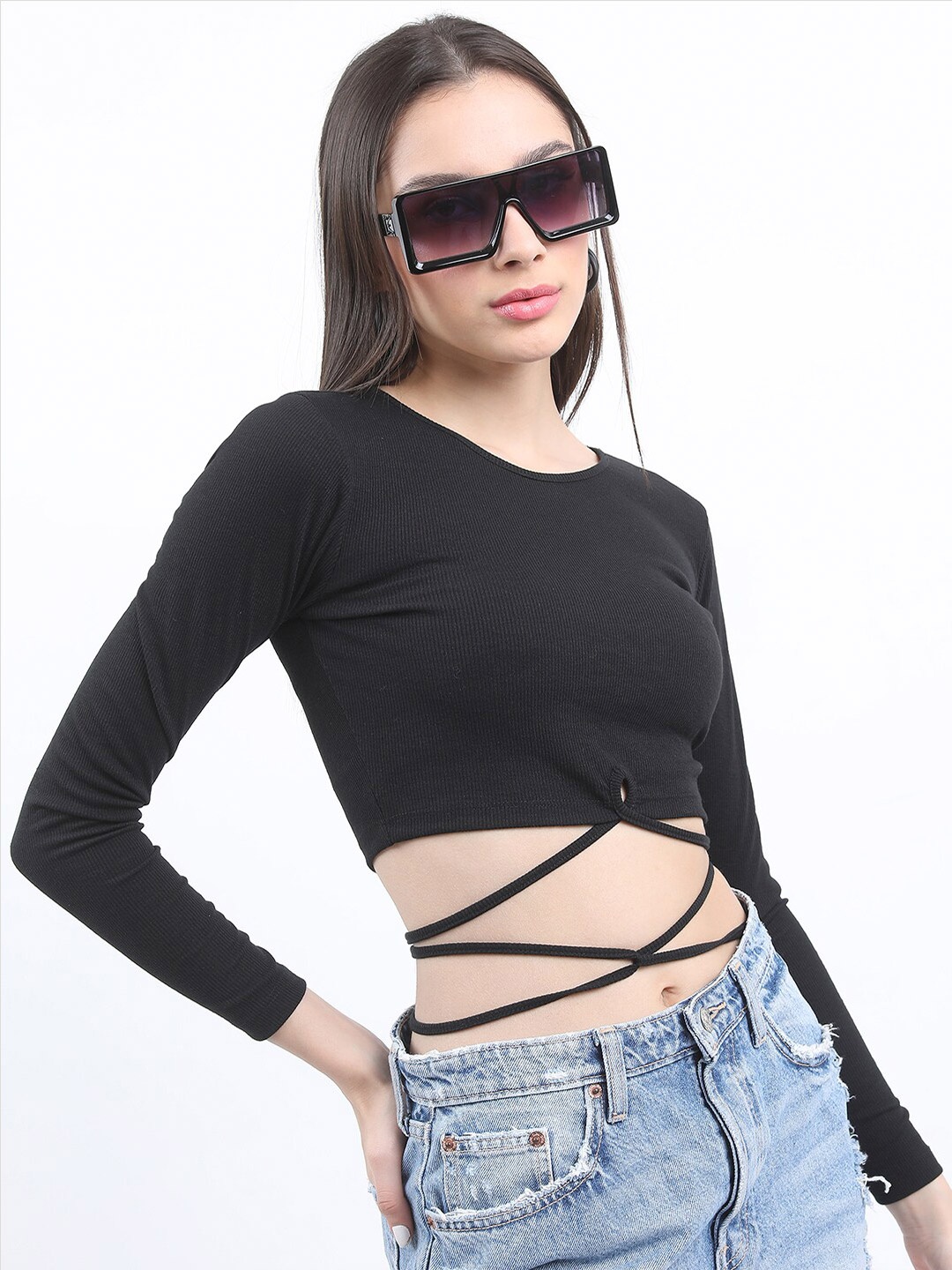 

Tokyo Talkies Round Neck Cotton Fitted Crop Top, Black