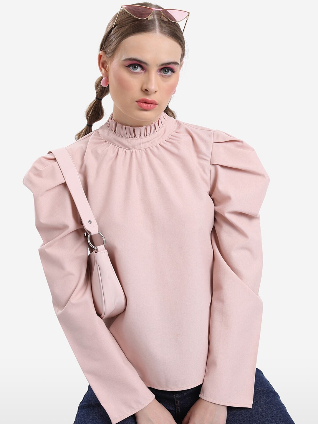 

Tokyo Talkies High Neck Puff Sleeves Top, Peach