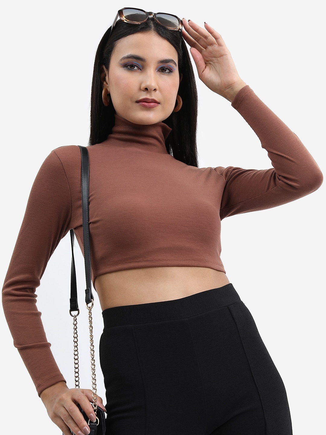 

Tokyo Talkies High Neck Ribbed Cotton Fitted Crop Top, Brown