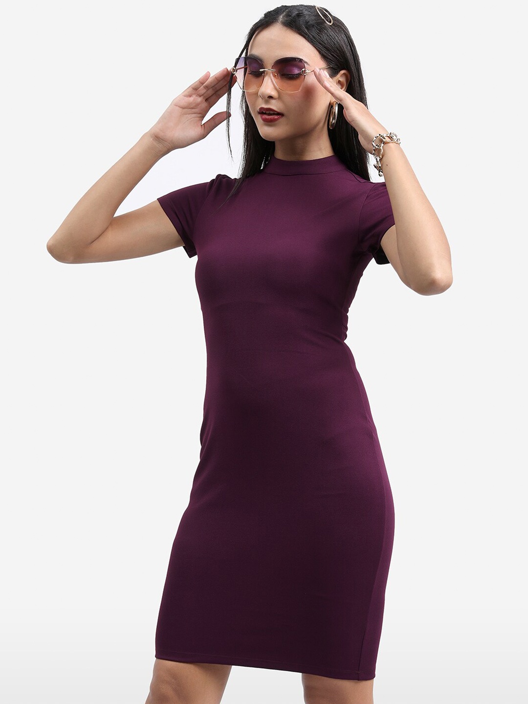 

Basics By Tokyo Talkies High Neck Short Sleeves Bodycon Dress, Purple